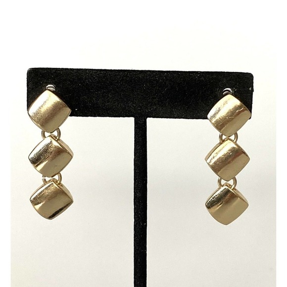 MONET Earrings 90”s Dangles Drops Gold Tone Geometric Signed - Picture 4 of 10